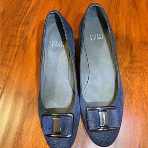 Stuart Weitzman Navy Suede Wedge with Glossy Buckle